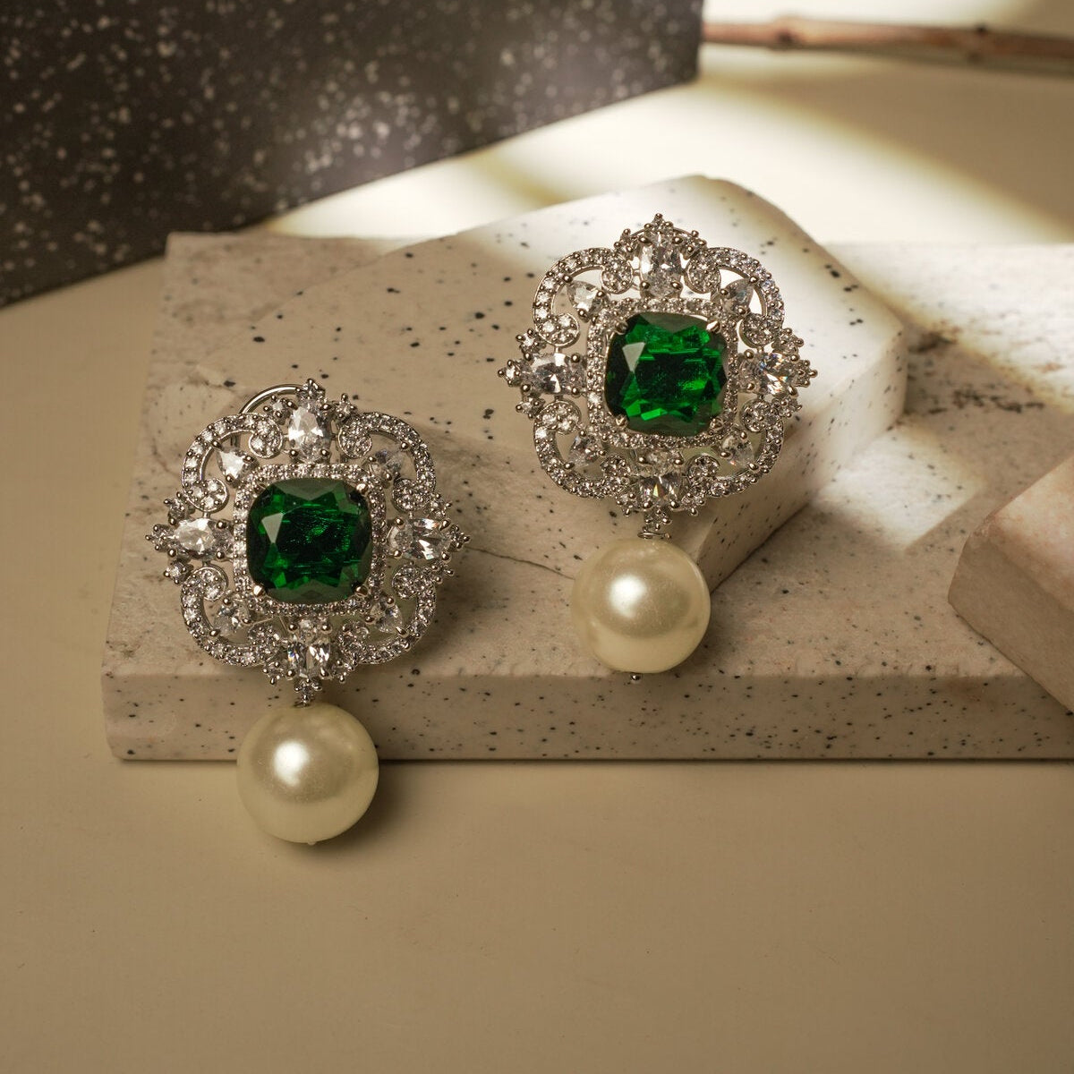EMERALD PEARL DROP STUDS